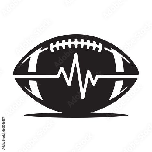 A graphic of a football with a heartbeat line across it in black and white vector illustration