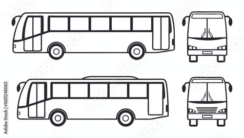 Line art drawing of a modern passenger bus from side and front views