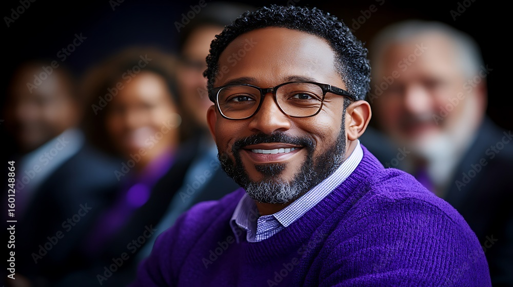 Fototapeta premium A man with a joyful expression, wearing glasses and a purple sweater.