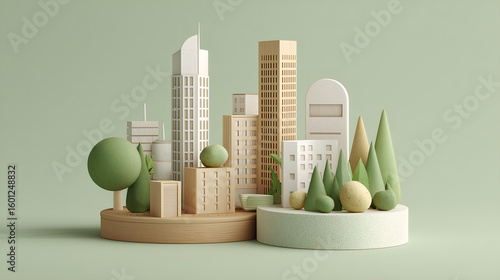 Urban Oasis: An artistic rendering of a stylized city, with geometric buildings and trees, evokes an atmosphere of a clean, modern metropolis, with a touch of natural greenery.