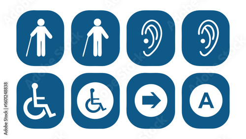 Collection of accessibility and wayfinding symbols on blue backgrounds