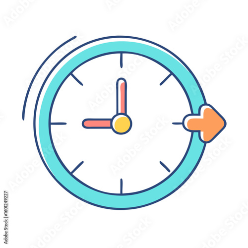 Stylized clock with forward pointing arrow indicating time moving forward quickly