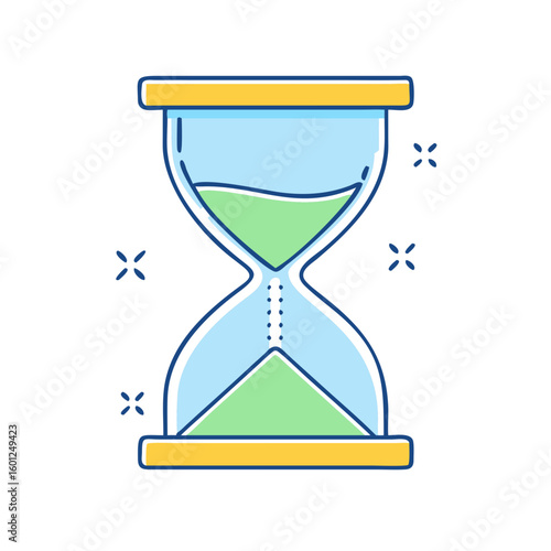 Illustration of a vintage hourglass with green sand and blue glass body