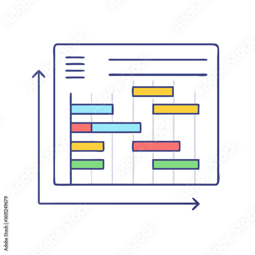 Illustration of a project timeline using Gantt chart representation with various colors