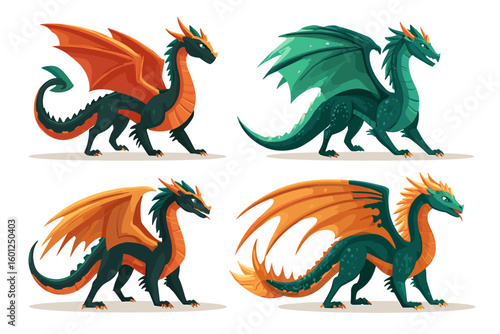 Set of Colorful Cartoon Dragons with Different Features and Poses