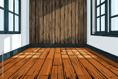 Stylized Interior Room with Wooden Floor and Windows