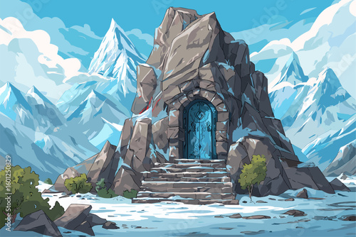 Mystical Ice Cave Entrance Among Majestic Snow-Capped Mountains