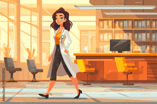 Stylish Female Doctor Walking in Modern Clinic Interior