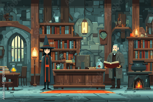 Fantasy Wizard's Library with Characters and Enchanted Elements