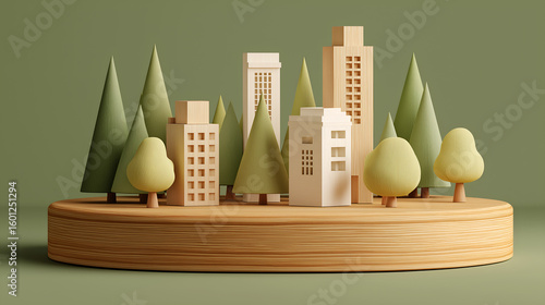 Urban Oasis: An enchanting miniature cityscape with vibrant green tones, showcasing stylized buildings and flourishing trees within a meticulously crafted wooden base.