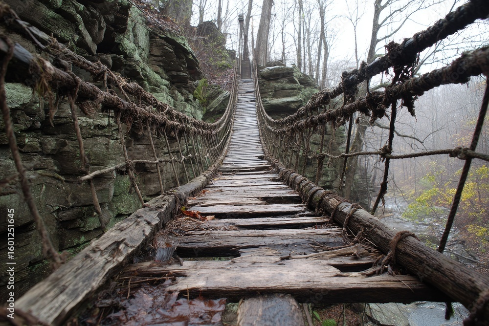 Obraz premium Old rope bridge across ravine