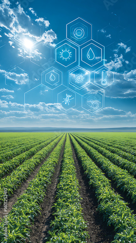 Vast green agricultural field under a bright blue sky with digital weather icons agriculture crops