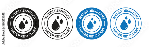 Water Resistant Badge Stamp Vector icon Set in Black and Blue. Water resistant logo design. Water resistant icons for Packaging and Product Labels.