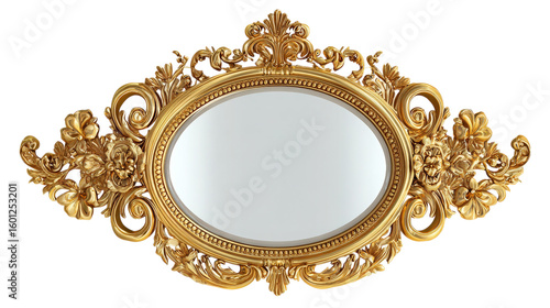 Ornate Golden Oval Frame with Floral Accents for Mirrors or Artwork on Transparent