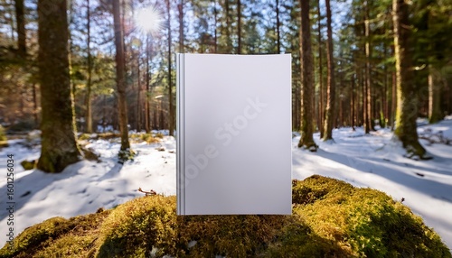 a pristine white magazine cover mock up stands upright on a moss covered rock in a snowy forest clearing