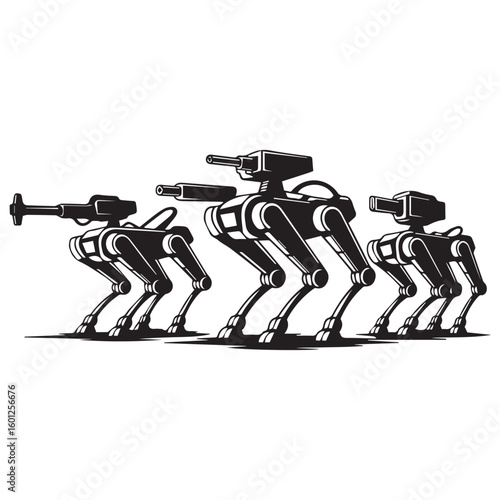 A line of futuristic bipedal robotic walkers with mounted weaponry advancing across a stark white background in a stylized illustration