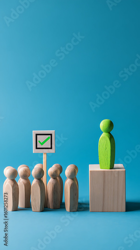 Wooden figures gathered around a checkmark sign with one figure standing out vote election