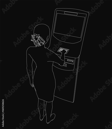 A young woman stands in front of an ATM machine, withdrawing cash under dim lighting. Her silhouette is sharply defined against the black background, highlighting the bank terminal's glowing screen.