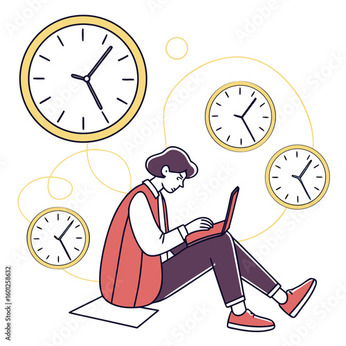 Time management illustration showing worker with laptop and clocks for deadline and productivity 100