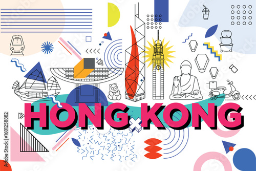 Typography word “Hong Kong” branding Memphis concept. Collection of flat vector web icons. Chines culture travel set, famous architectures and specialties detailed silhouette. Asian famous landmark.