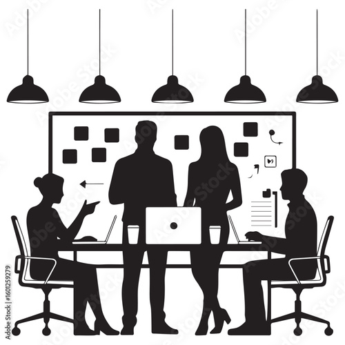 Diverse team of professionals collaborating on a project around a table with laptops and a whiteboard