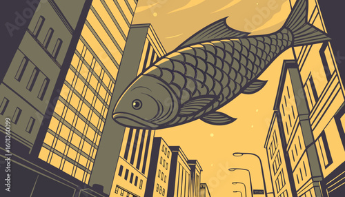 Giant fish flying over city buildings illustration digital art surreal cityscape urban fantasy artwork