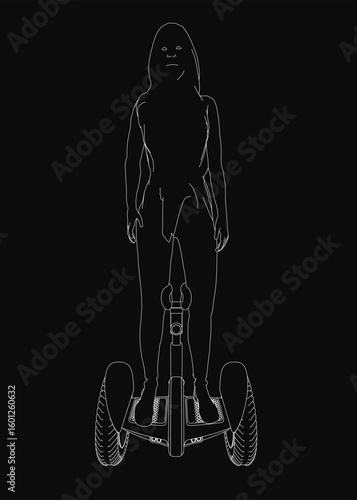 A young girl rides a segway on a sleek black background. The dynamic contour of the segway contrasts with the dark setting.