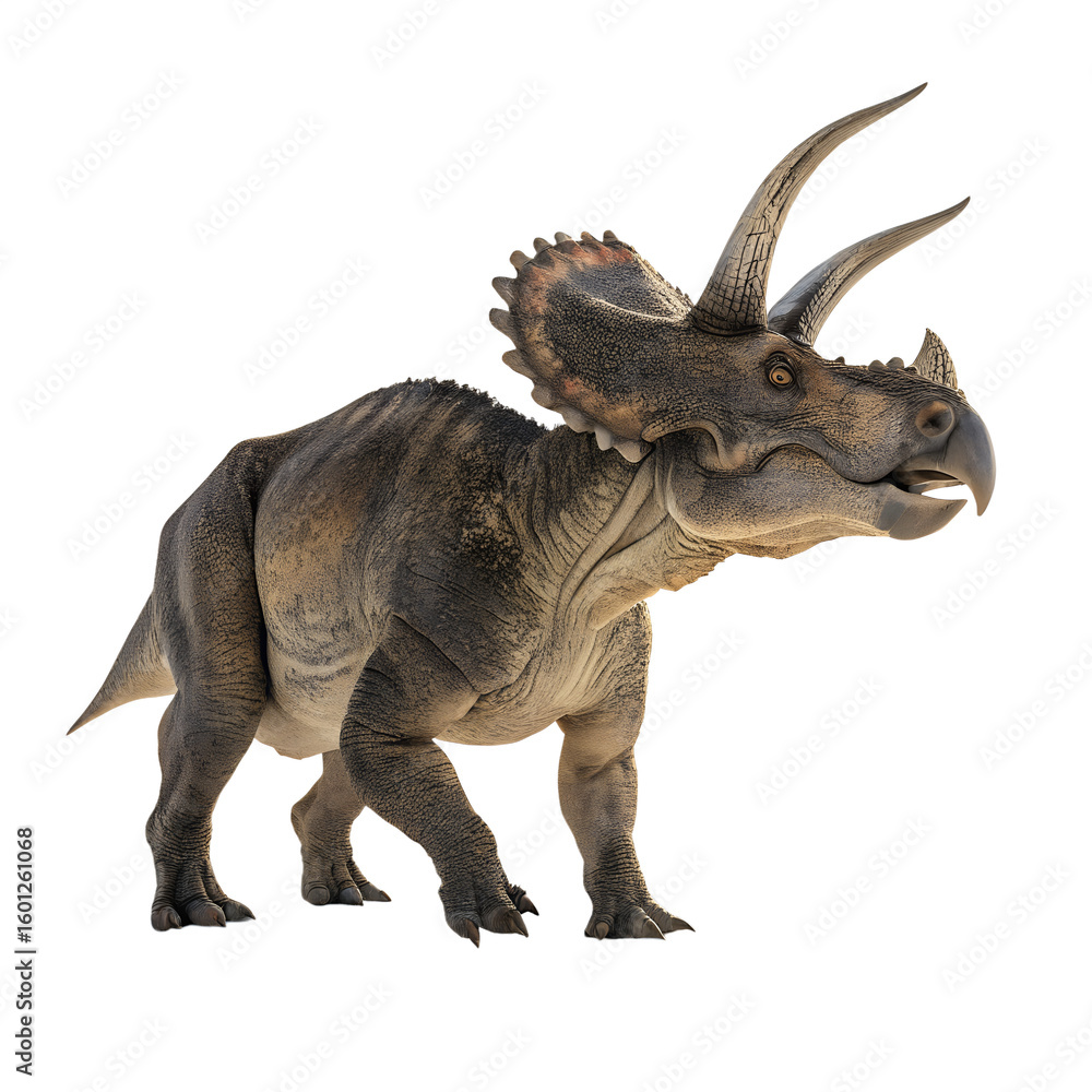 Fototapeta premium Triceratops dinosaur with three horns and frill, standing on black background, prehistoric reptile from the Cretaceous period.