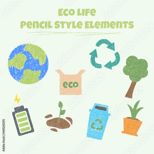 Eco icons hand drawn with chalk. Planet Earth, plant, tree, recycling sign, trash can, battery, eco bag, sprout, potted plant