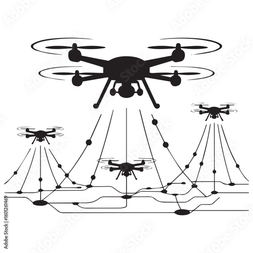Modern drone technology concept showcasing aerial surveillance and data collection with multiple unmanned aerial vehicles in a network