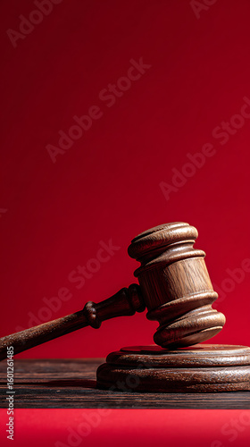 Wooden gavel resting on a dark wooden surface against a vibrant red backdrop judge justice