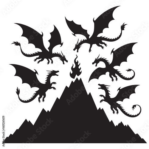 Mystical silhouette of five fierce dragons soaring and circling a fiery mountain peak at night