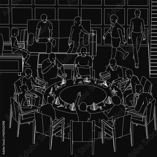 A group of people sit around a round table in a restaurant, engaged in a poker game with glasses and cards scattered on the surface. The black and white contour illustration features a detailed.
