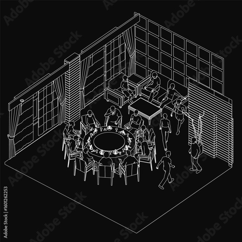 A black and white contour drawing depicts a round table surrounded by people in a dimly lit restaurant. The dark background enhances the mysterious ambiance.