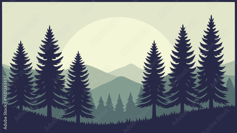 Obraz premium Silhouette of evergreen trees against a hazy mountain landscape and large sun
