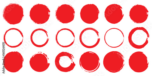 Grunge circles brush set. red circle frames. Round line of red paint. Grunge round shapes. Circular ink brush stroke pro design elements. Vector illustration.