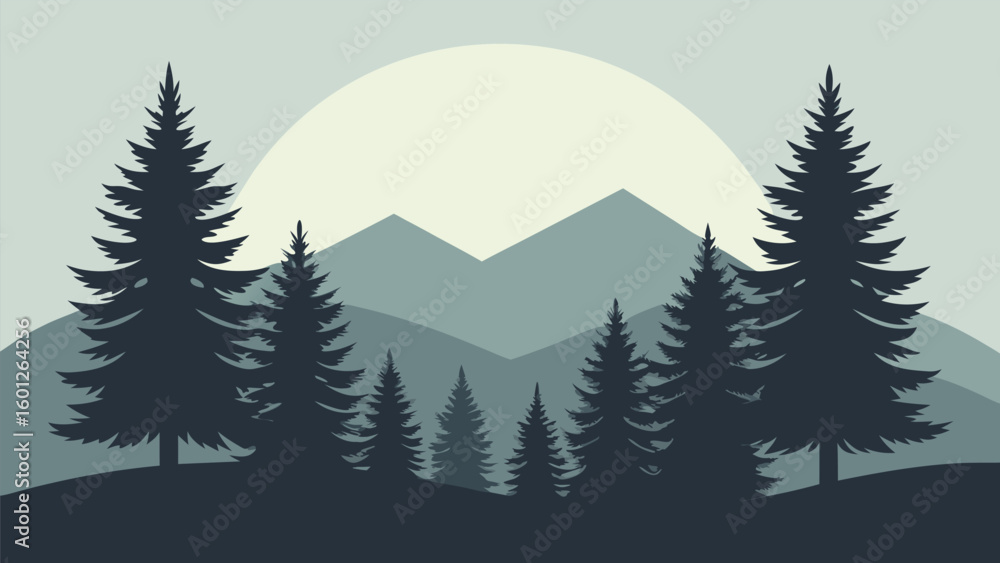 Fototapeta premium Silhouette of pine trees against a hazy mountain landscape and sun