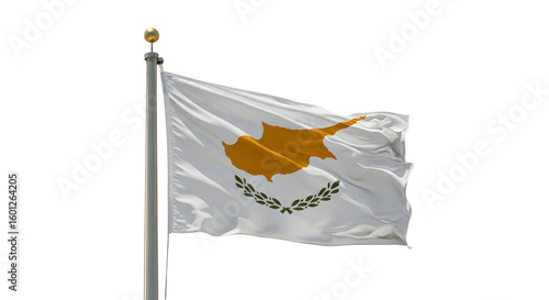 A vibrant flag of Cyprus waving in the wind, showcasing the island's map and olive branches, symbolizing peace
