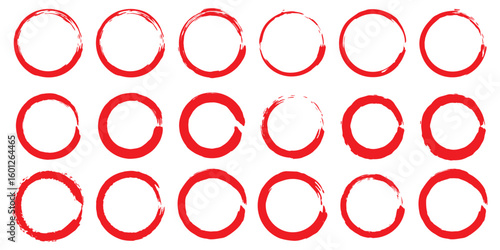 Set of red grunge circles shapes, grunge round shapes. Paint brush stamp collection. Vector brush circle. Red grunge circle stamp.
