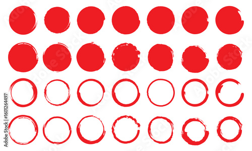 Grunge circles brush set. red circle frames. Round line of red paint. Grunge round shapes. Circular ink brush stroke fro design elements. Vector illustration.
