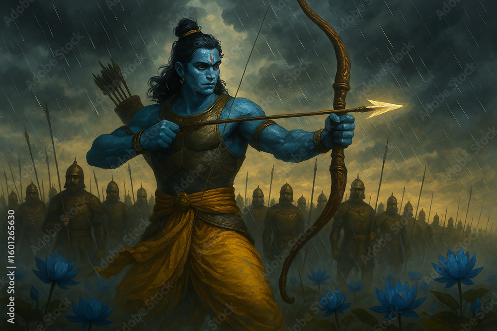 Fototapeta premium Mythological Hero Rama with Bow and Arrow Amidst Warriors