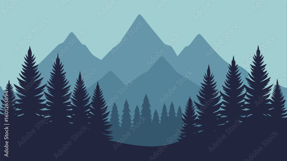 Fototapeta premium Serene mountain landscape with silhouetted evergreen forest