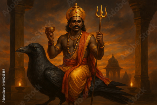 Mystical Shani Dev Riding Crow with Trident and Offering Bowl