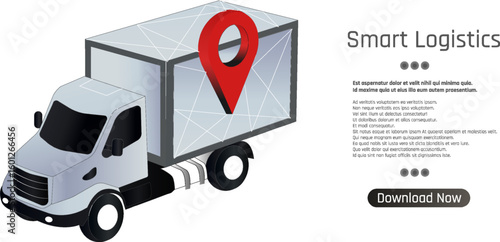 A logistics truck is shown carrying a large cargo box, featuring a prominent location marker. This symbolizes innovative solutions in supply chain management and transportation services.