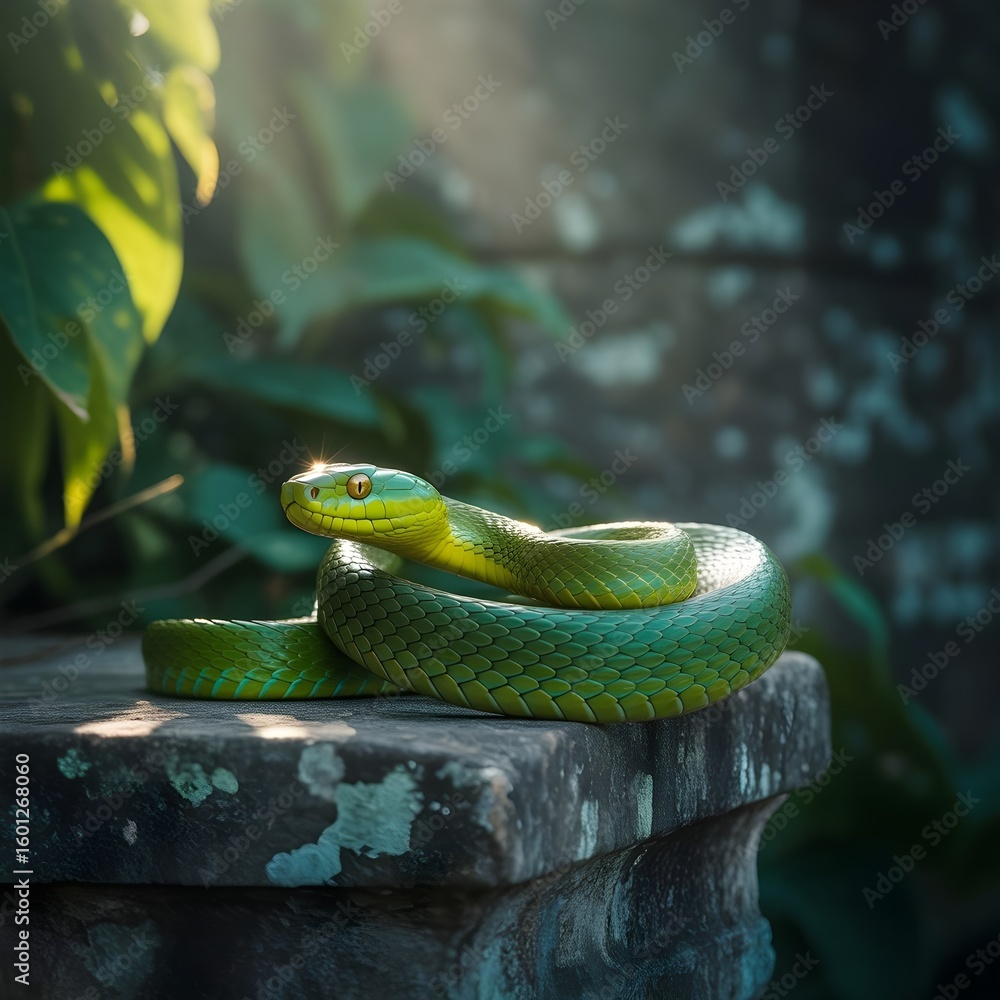 Obraz premium Forest Snake Coiled for Defense in Thick Vegetation