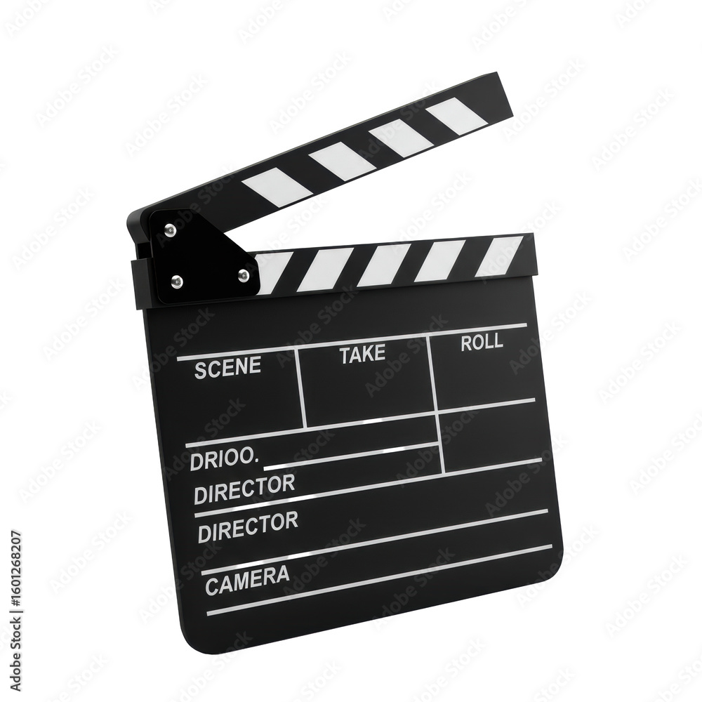 Fototapeta premium Professional matte black film clapperboard with white stripes, partially open, featuring 'SCENE', 'TAKE', 'ROLL', 'DIRECTOR', 'CAMERA' text, on a pure transparent background with no shadows.