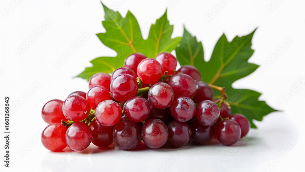Fototapeta premium A cluster of juicy red grapes with green leaves is isolated on a white background. Suitable for food, nutrition, healthy eating, and product packaging concepts.