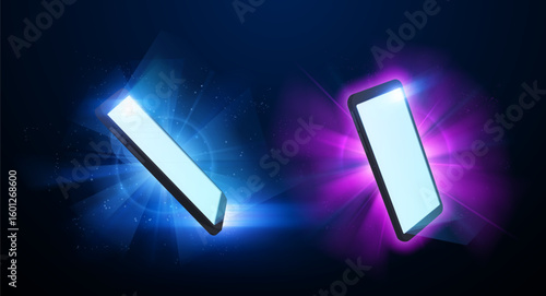 Vector set of blank mobile phone screens on glowing neon bright rays background.