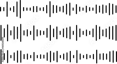 horizontal rows of vertical black bars with varying heights and spacing, resembling stylized audio waveforms or sound waves.