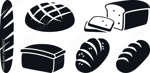 Assorted bread loaves and slices in a black and white vector illustration